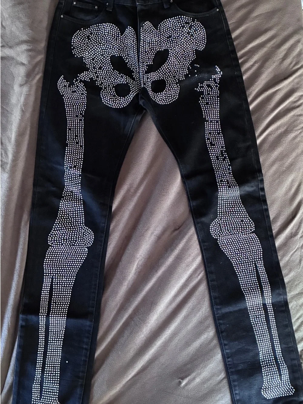 MNML Black Skinny Jeans with White Crystal Skeleton - Picture 1 of 4